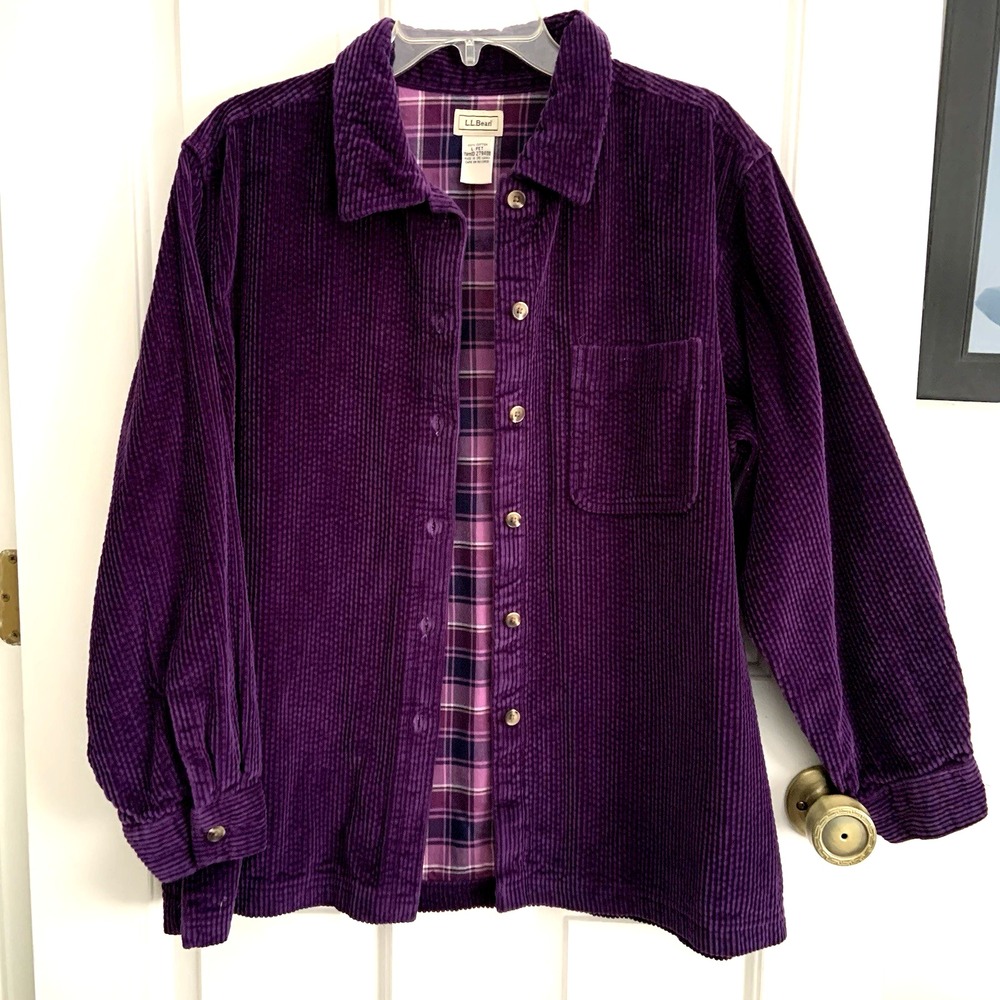 LL Bean Jewel Tone Purple Plaid Flannel lined Corduroy Shacket Womens Petite L
